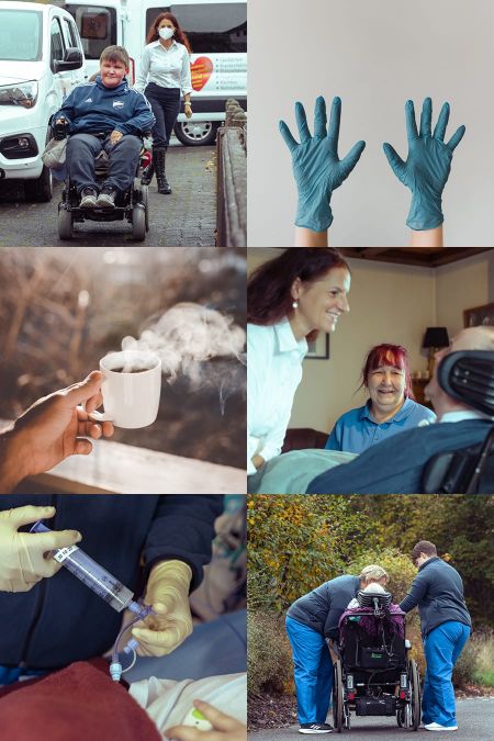 Collage aus verschiedenen Bildern, auf denen Pflegeutensilien und -situationen zu sehen sind.