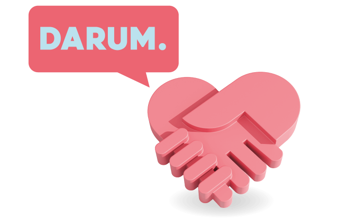 Eine stilisierte Hand, die ein Herz bildet, wird von einem roten Sprechblasen mit dem Text „DARUM.“ begleitet.